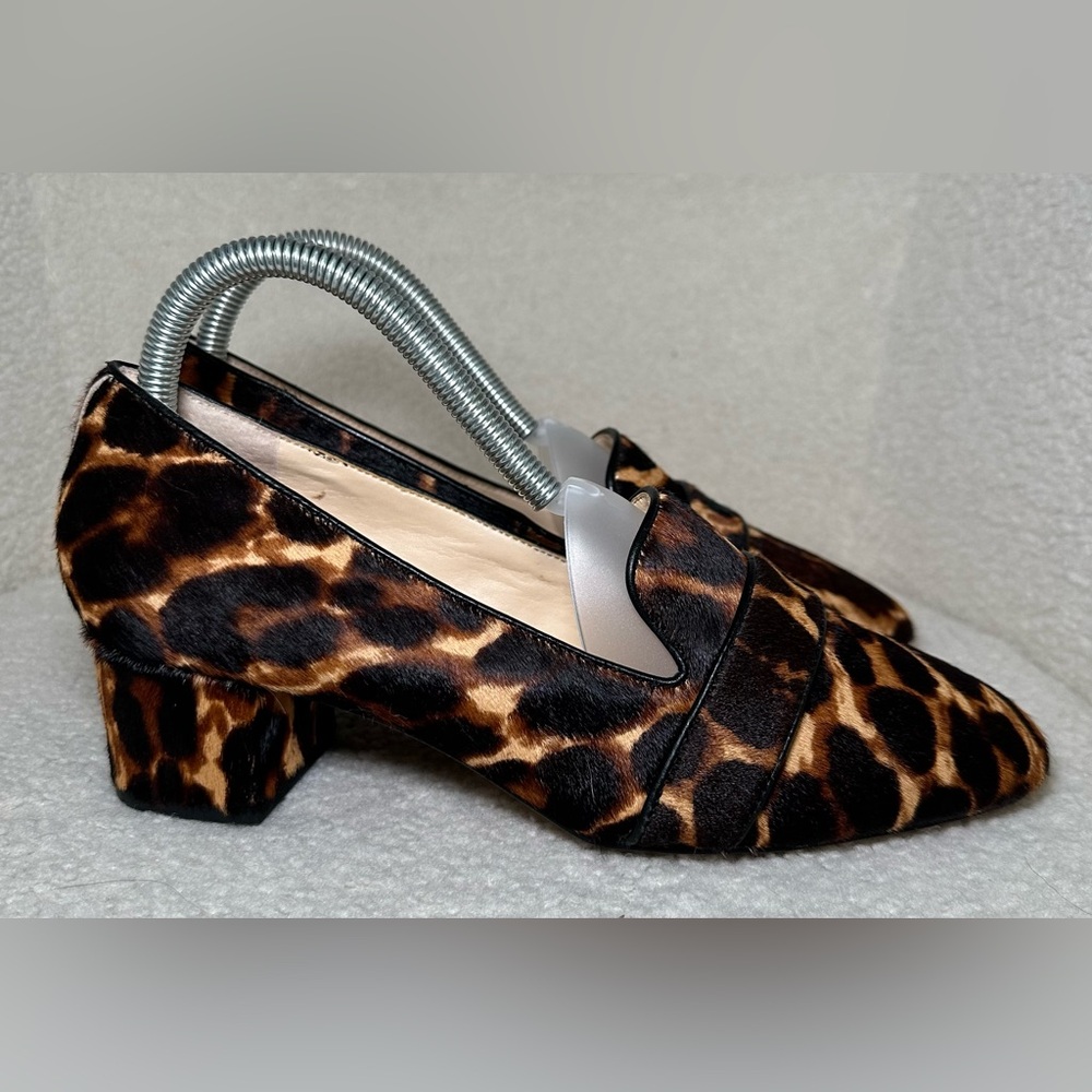 Alex‎ Marie Leopard Calf Hair Block Heel Loafers Real Fur Pointed Toe Pumps 8.5